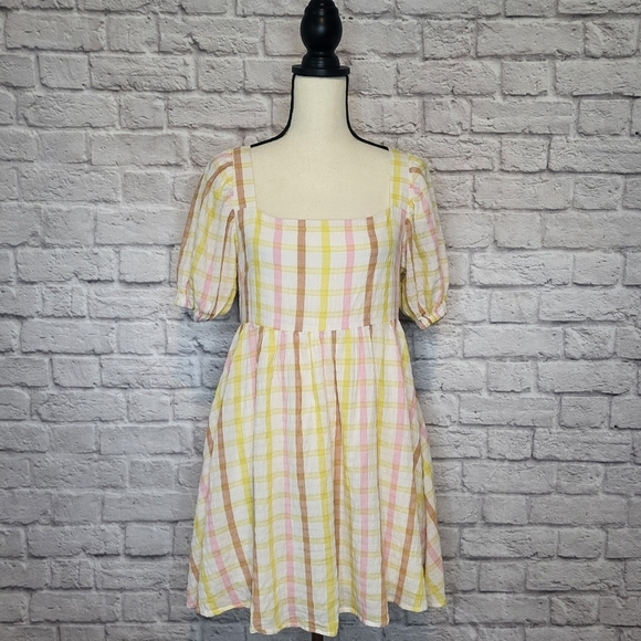 Mable Dress Babydoll White Pastel Plaid Square Neck Puff Sleeves Tie Back Size M - Picture 2 of 9